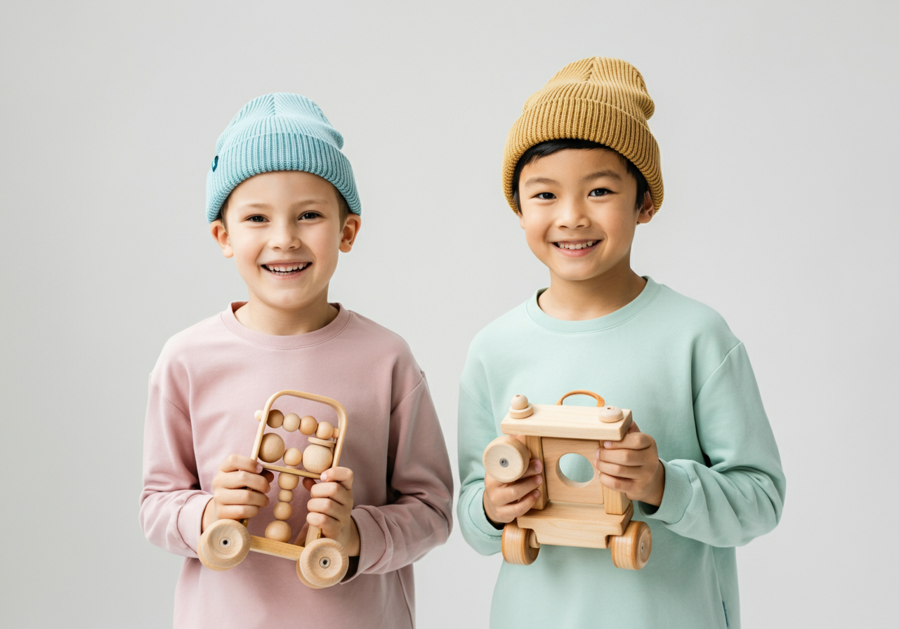 kids with wooden toy