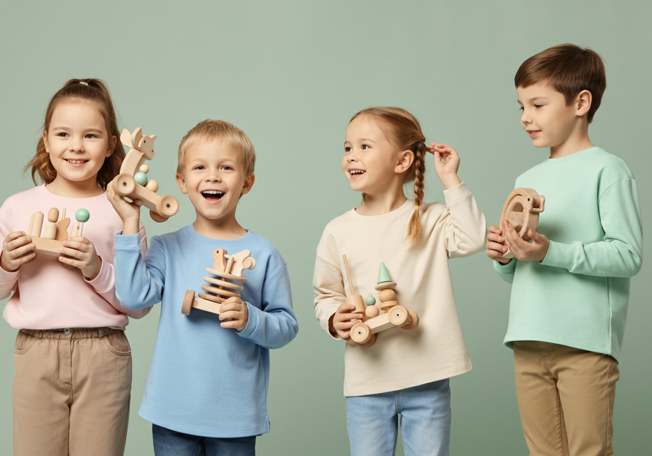 kids with wooden toys